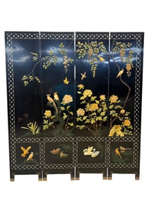 Ebonized Lacquer Asian Stone Inlaid 4 Panel Screen