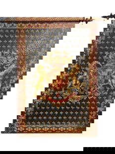 Large Medieval Crest Coat of Arms Wooden Tapestry Panel: Large Medieval Crest Coat of Arms Wooden Tapestry Panel. Measures approx. 70" x 65". In good conditoin.