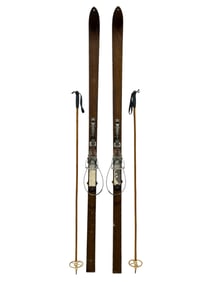 Pair of Mid 20th C. Wooden Skis & Poles