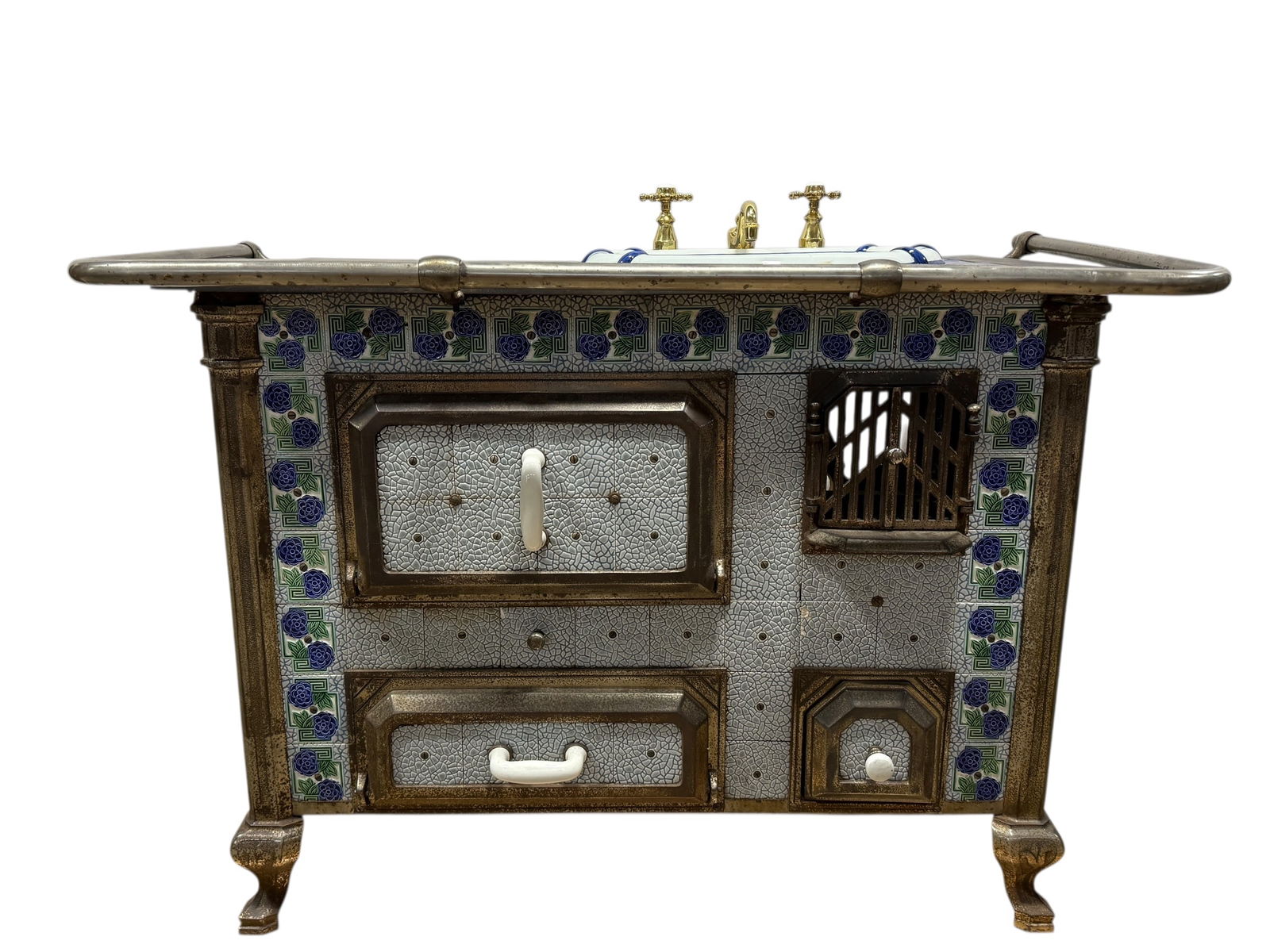 Antique European Cast Iron & Tile Stove w/ Sink (1 of 18)