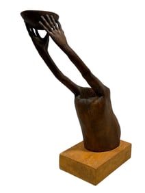 African Wood Carved Umberella Stand w/ Tray
