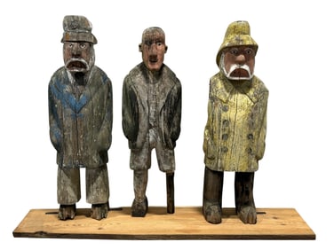 3 Painted Wood Carved Folk Art Fisherman Figures