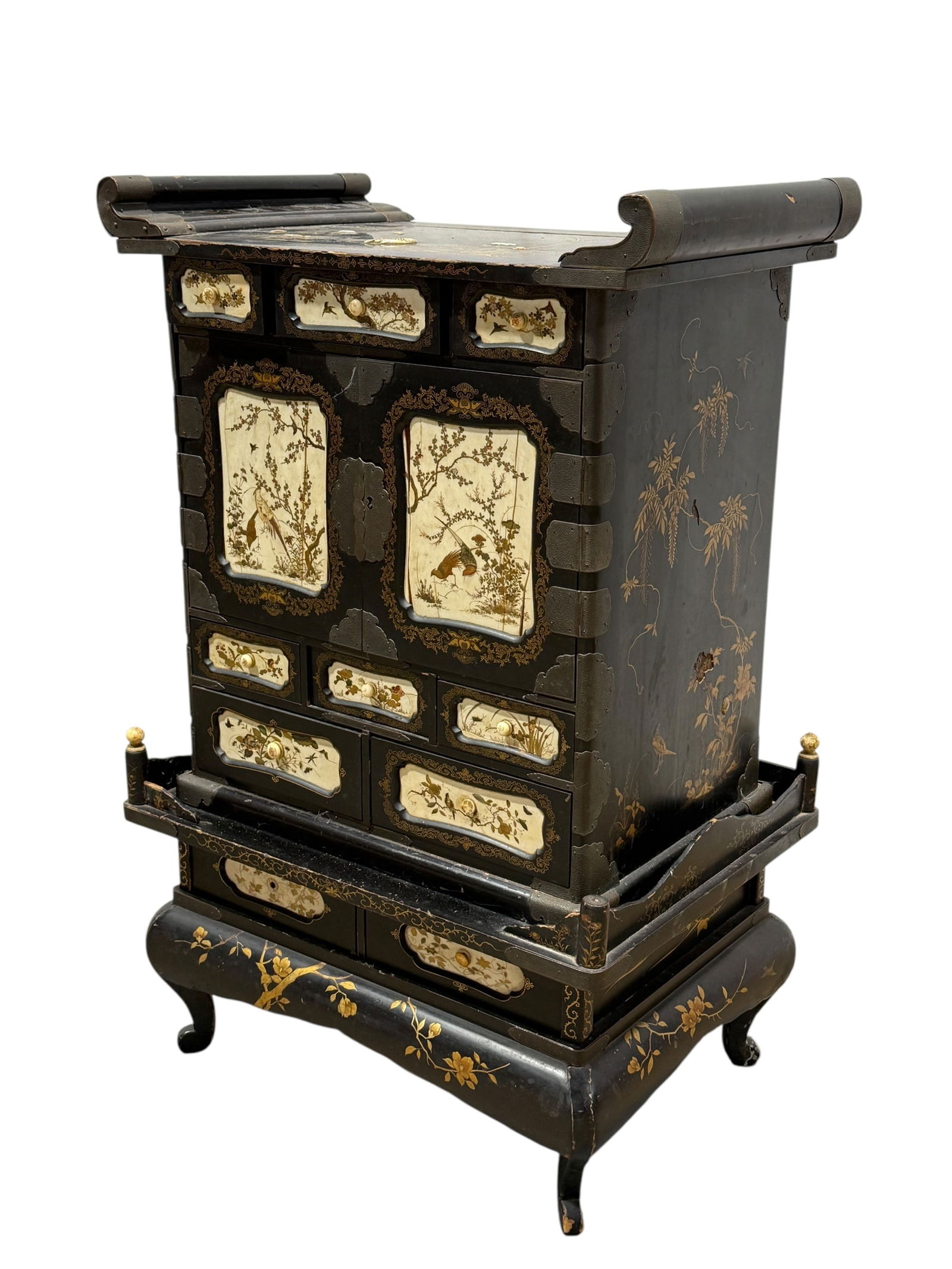 Antique Japanese Shibayama Style Lacquered & Inlaid Cabinet: Antique Japanese Shibayama Style Lacquered & Inlaid Cabinet. Likely from the meiji period (1868-1912). Bone and mother of peral inlay. Measures 30.5" H x 19.75" W x 14.5" D. Missing some inlay pieces