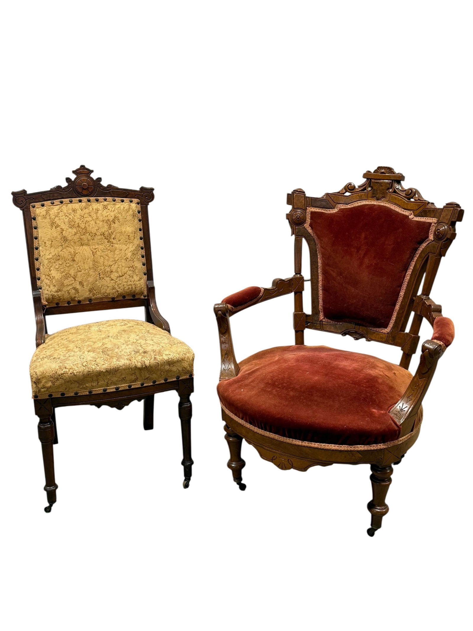 Lot of 2 Antique Eastlake Chairs: Lot of 2 Antique Eastlake Chairs. Arm chair measures 37.5" H x 28.5" W x 28.5" D and seat height measures 17" H. Side chair measures 37.25" H and seat height measures 20" H. both has scuffs, scratches