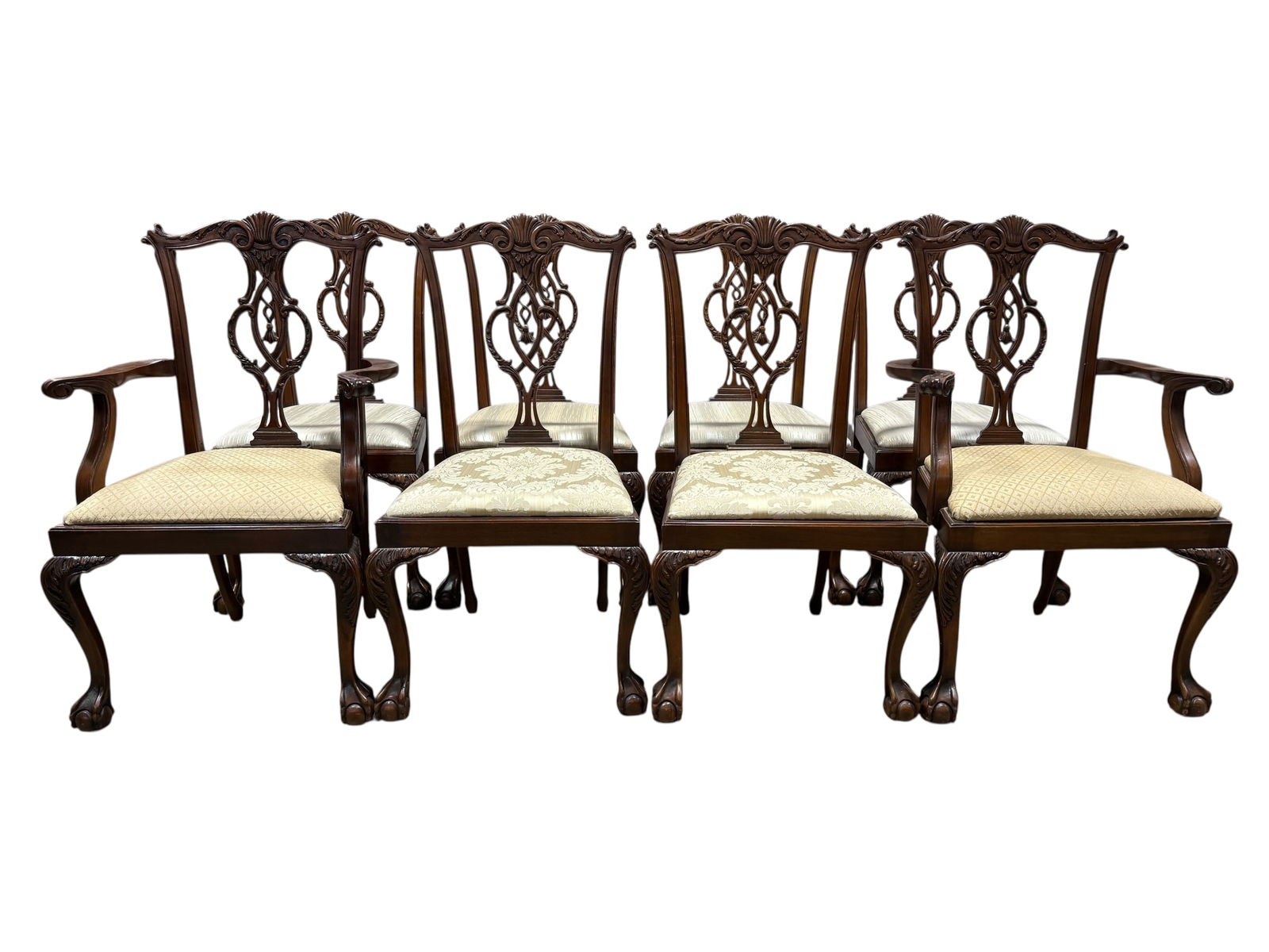 Set of 8 Italian Mahogany Chippendale Style Dining Chairs: Set of 8 Italian Mahogany Chippendale Style Dining Chairs. Marked Made in Italy on the underside of chairs. Chairs have ball and claw feet. Side chairs measure 40.5" H and seat height measures 19.5" H