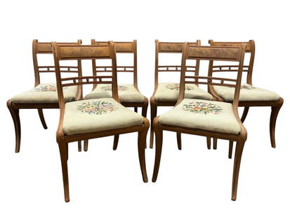 Set of 6 19th C. American Clismos Needlepoint Chairs: Set of 6 19th C. American Clismos Needlepoint Chairs. Measures 32.75" H and seat height measures 18.25" H. Some chairs have damage and some chairs have been repaired (see photos). Some seats have stai
