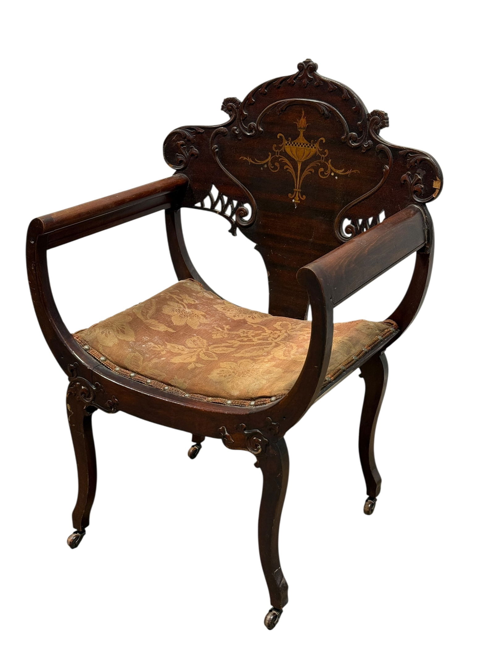 Antique Barrel Queen Anne Style Marquetry Inlay Chair (1 of 14)
