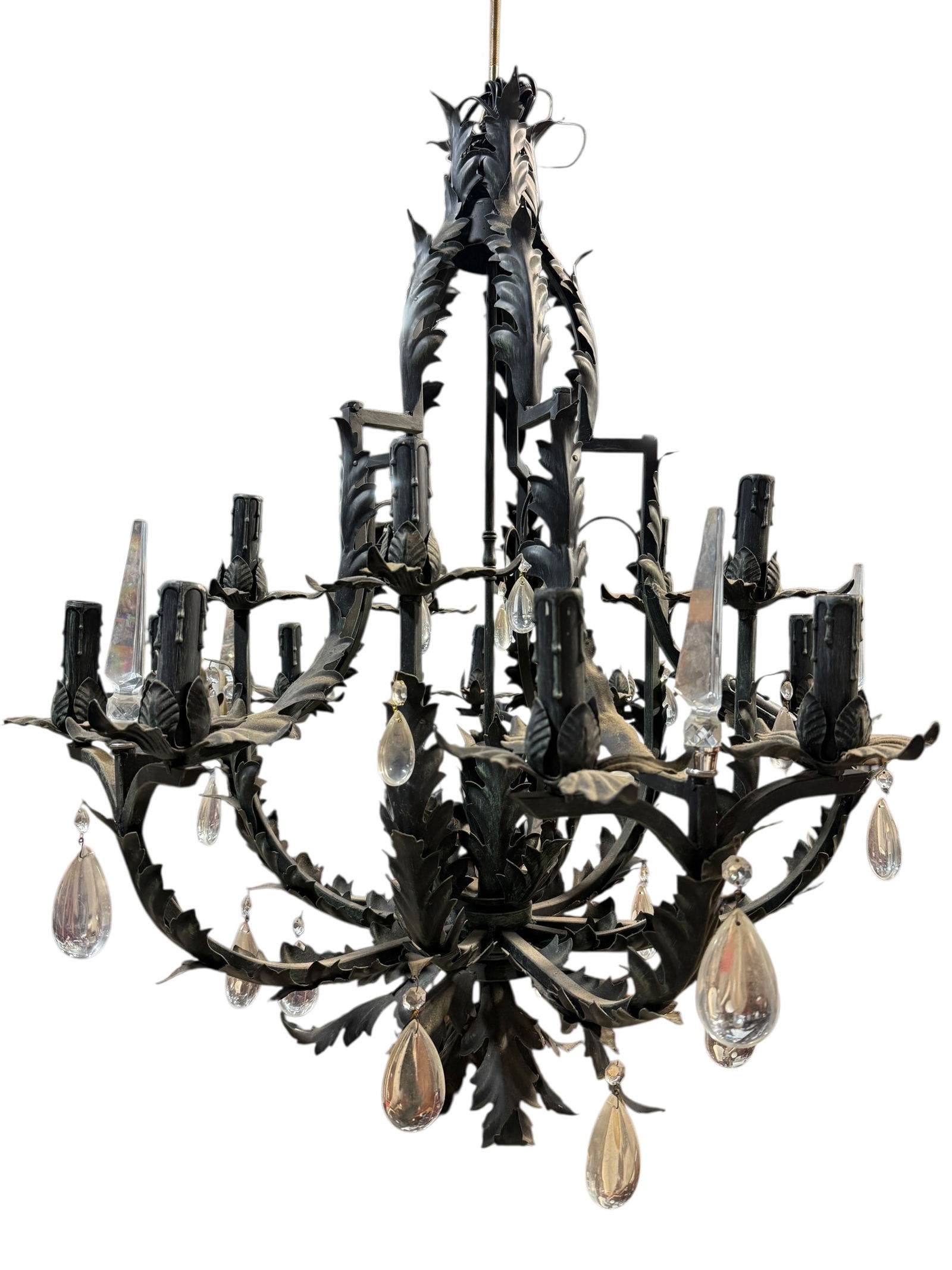 Wrought Iron & Crystal Chandelier: Wrought Iron & Crystal Chandelier. Measures approx. 35" H x 30" W x 30" D. Missing some crystals and has some bends.