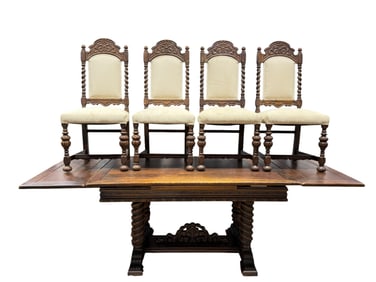 Early 1900s Oak Renaissance Revival Style Pub Table & 4 Chairs
