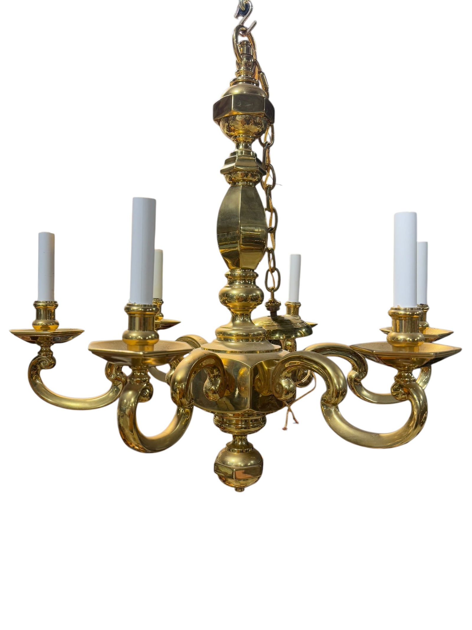 Brass 6 Arm Chandelier: Brass 6 Arm Chandelier. Measures 29" H x 27" W x 27" D. In good condition.