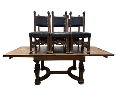 19th C. Oak Renaissance Revival Style Pub Table & 6 Chairs