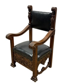19th C. Carved Oak Renaissance Revival Throne Chair