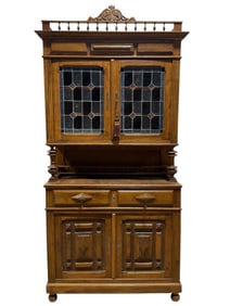 Circa 1900 Carved French Oak Jacobean Hutch w/ Stained Glass