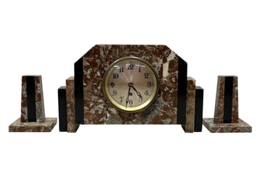 Cir 1925 3 Pc Art Deco Marble Clock Set