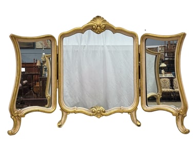 Vintage Gilt & Painted French Provincial Style Tri-Fold Dresser Mirror