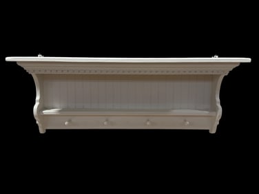 Painted White Wall Shelf w/ Coat Hooks