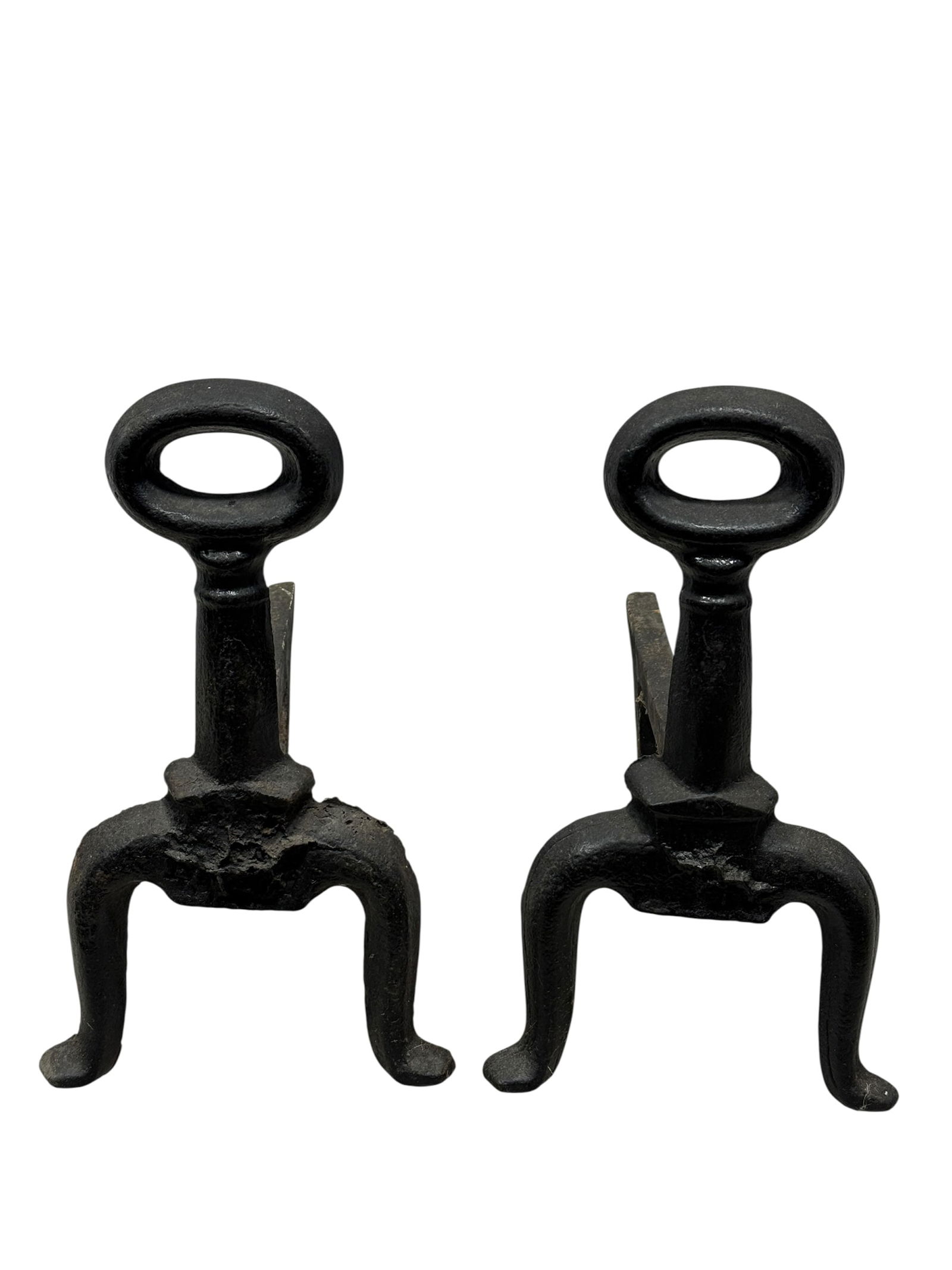 Pair of Antique Cast Iron Andirons: Pair of Antique Cast Iron Andirons. Measures 13.5" H x 7.75" W x 13.75" D. In used condition.