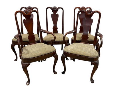 Set of 5 Mahogany Dining Chairs: Set of 5 Mahogany Dining Chairs. Measures 40.25" H. Arm chairs measures 40.25" H x 22" W x 18" D. Seat height measures 19.75" H. Chairs have scuffs, scratches and seats need to be properly cleaned.