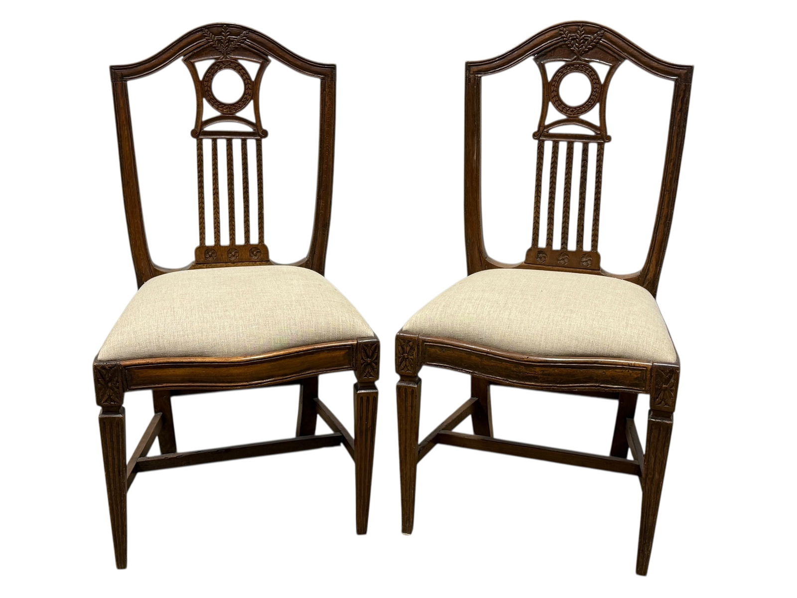 Pair of 18th C. Italian Side Chairs: Pair of 18th C. Italian Side Chairs. Measures 36.75" H and seat height measures 19" H. Condition reflects its age.