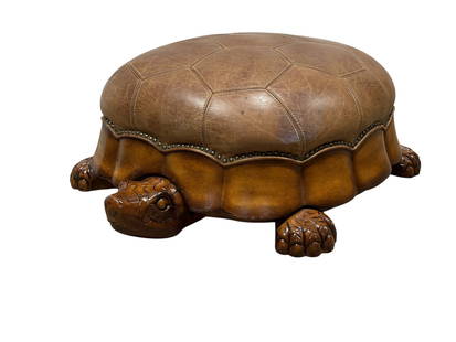 Modern Turtle Form Carved Wood & Leather Ottoman: Modern Turtle Form Carved Wood & Leather Ottoman. Measures 13.5" H x 27.5" W x 37.5" D. Has some scuffs on wood. Leather showing some light wear from use.