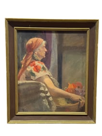 c1930s Oil on Canvas "Grandma Picking Flowers" Painting