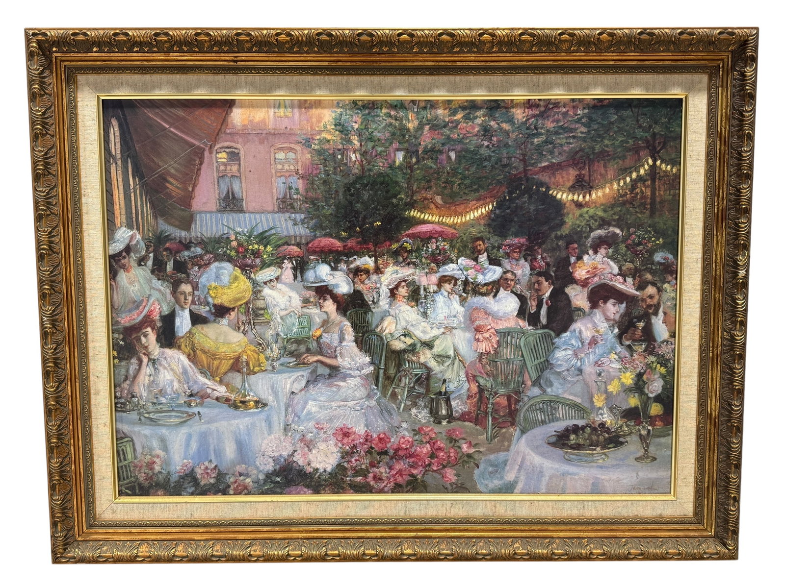 "Le Diner a L'Hotel Ritz" Print on Canvas by Pierre-Georges Jeanniot: "Le Diner a L'Hotel Ritz" Print on Canvas by Pierre-Georges Jeanniot. Print measures 30.5" x 21.5". Frame measures 37.5" x 28.5". Frame has some very small scuffs on corners.