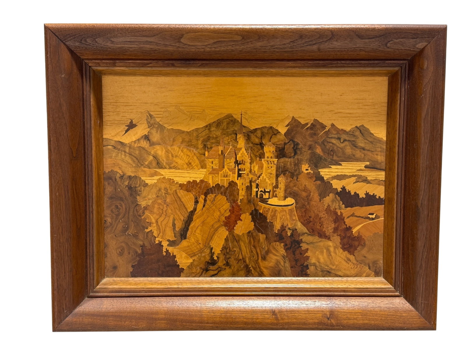 Signed Buchschmid & Gretaux Original German Marquetry Art: Signed Buchschmid & Gretaux Original German Marquetry Art. Signature inlaid "BG" in the bottom right corner. Marquetry inlay of the famous Neuschwanstein Castle. Overall measures 23.75" x 18.75". Fram