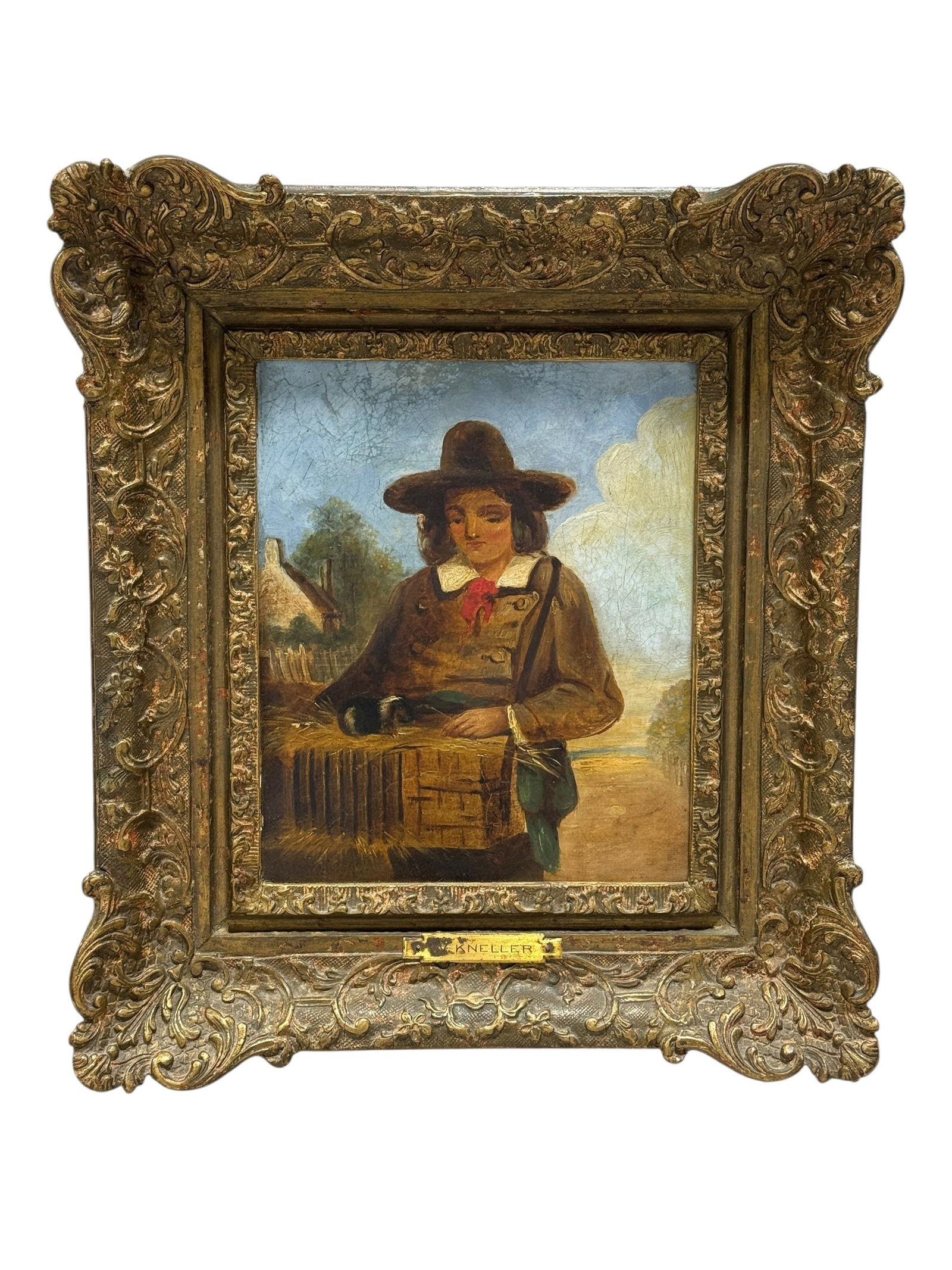 Signed W. Kneller 19th C. Oil on Canvas Dutch Painting of Boy: Signed W. Kneller 19th C. Oil on Canvas Dutch Painting of Boy. Signed in bottom left corner and brass plaque reads W. Kneller. Painting measures 11.25" x 9.5". Frame measures 18.75" x 17". Frame has s