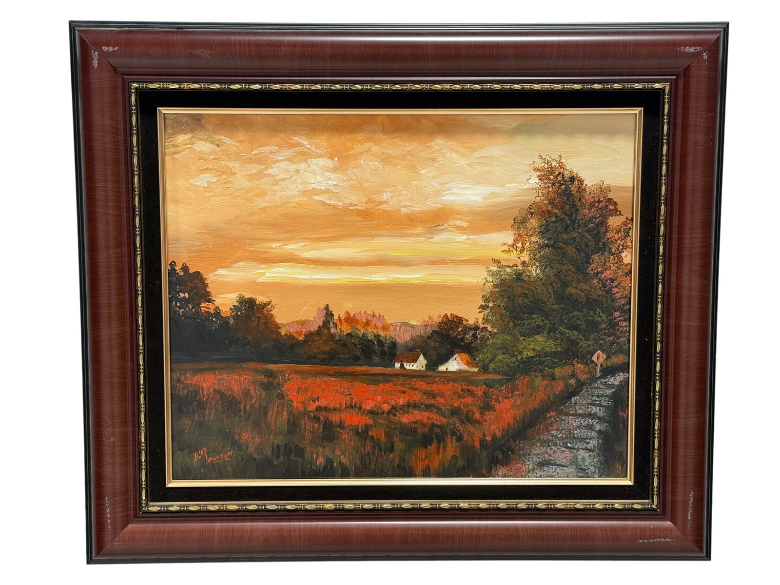 Signed Bill Lawson Oil on Canvas Landscape Painting: Signed Bill Lawson Oil on Canvas Landscape Painting. Signed in the bottom left corner. Painting measures 19.5" x 15.5". Frame measures 26.75" x 22.75". Frame has some scuffs and scratches.