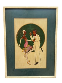 Framed Art Deco Watercolor Jazz Dancers Painting