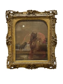 Framed Antique Nocturnal Scene Watercolor Painting