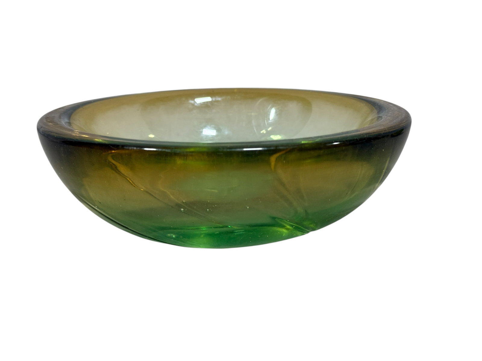 MCM Sommerso Style Green & Amber Murano Bowl: MCM Sommerso Style Green & Amber Murano Bowl. Measures 2.25" H x 6.5" W x 6.5" D. Has some scratches and seems to have on underside.