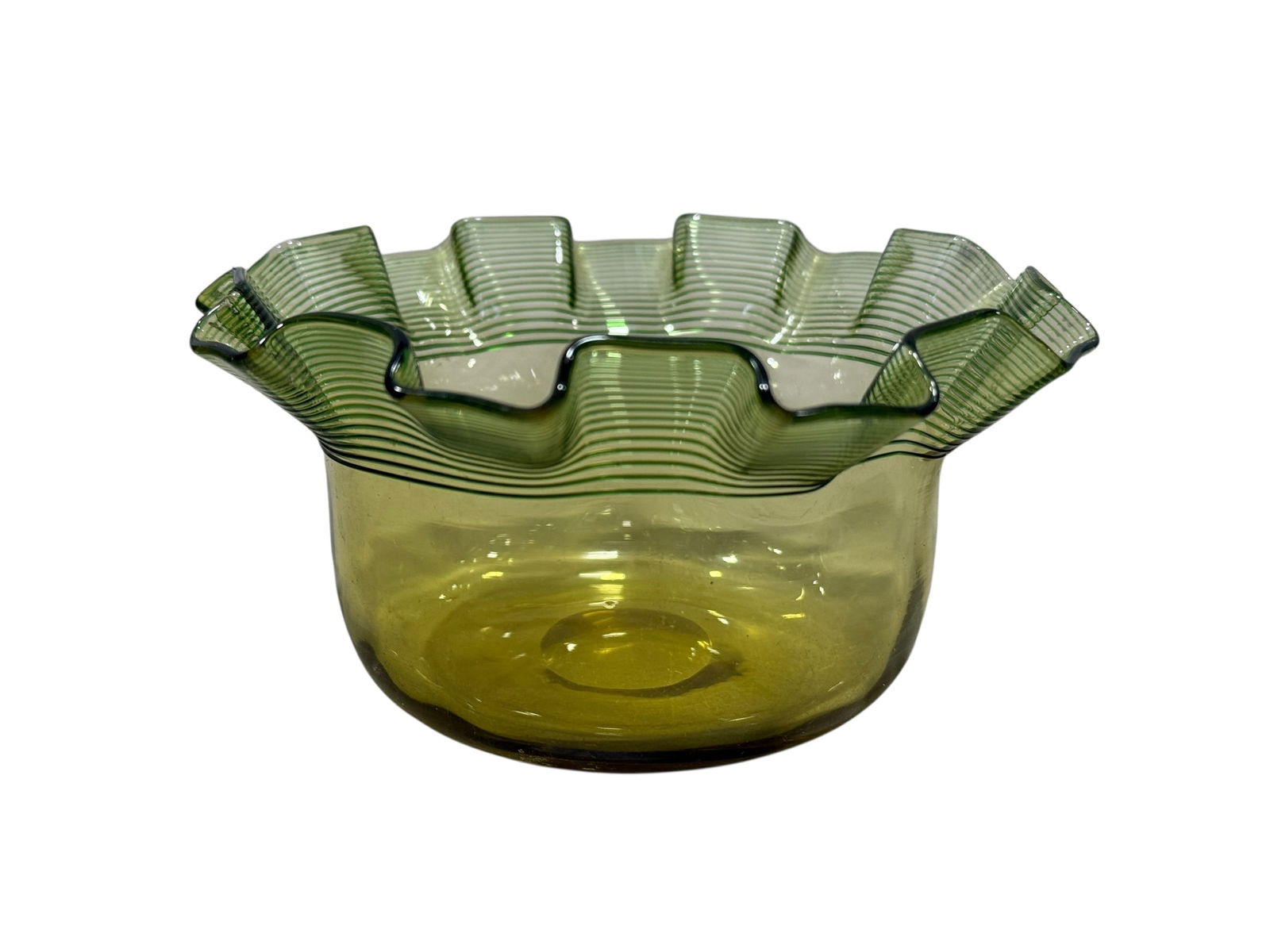 Signed Steuben Green Ruffled Edge Glass Bowl: Signed Steuben Green Ruffled Edge Glass Bowl. Signed on the underside. Measures 2.5" H x 4.75" W x 4.75" D. Has some scratches on the underside.