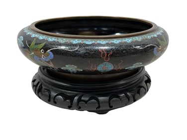 Late 19th C. Chinese Cloisonne Dragon Bowl w/ Wood Base