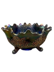 Fenton Orange Tree Cobalt Blue Carnival Glass Footed Bowl