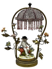 RARE Antique Augustus Rex Dresden Cherub Beaded Lamp