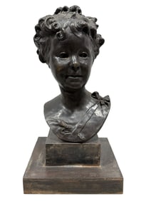 Antique Bronze Bust of Young Girl on Steel Base