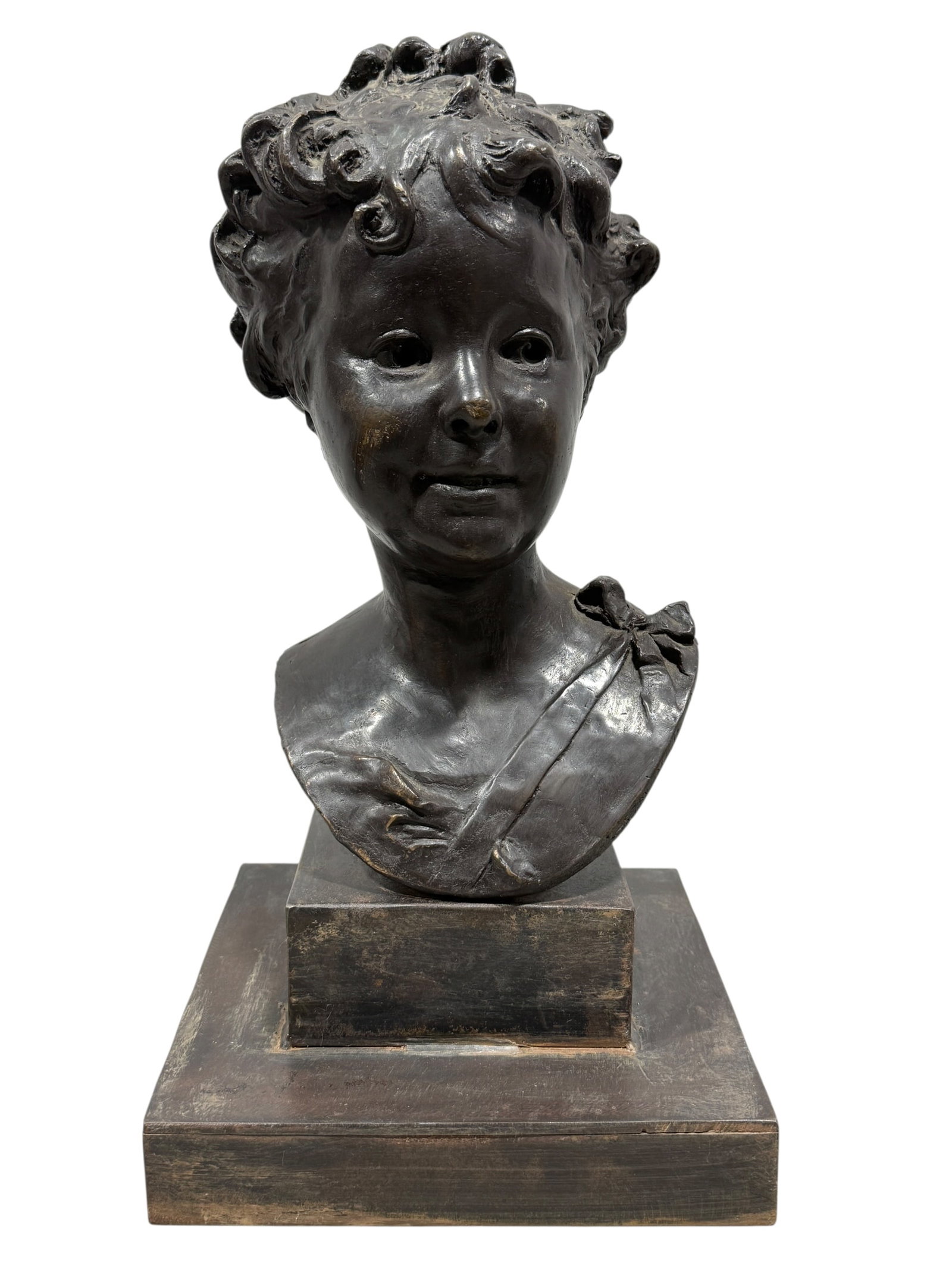 Antique Bronze Bust of Young Girl on Steel Base: Antique Bronze Bust of Young Girl on Steel Base. Measures 17" H x 9" W x 9" D. Has some scuffs on bust and base.