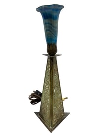 Antique Metal Arts & Crafts Lead Glass Lamp w/ Iridescent Shade