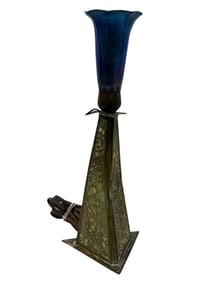 Antique Metal Arts & Crafts Lead Glass Lamp w/ Iridescent Shade