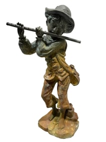RARE Late 19th C. Metal Boy Playing Flute Garden Fountain