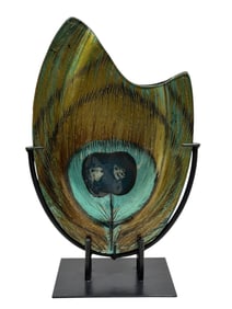 MCM Peacock Art Glass Vase on Metal Stand