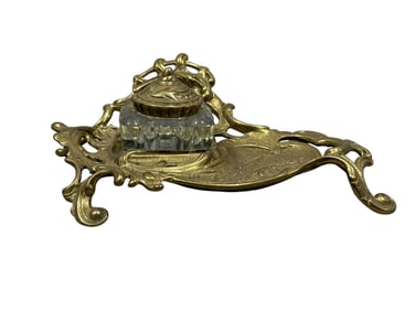 Vintage Art Deco Style Ornate Brass Inkwell w/ Inkpot