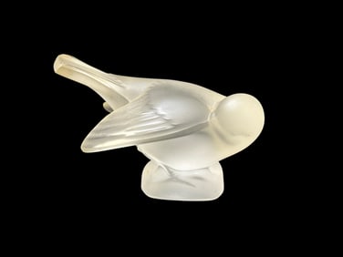 Signed Lalique France Frosted Glass "Sparrow Head in Wing" Sculpture