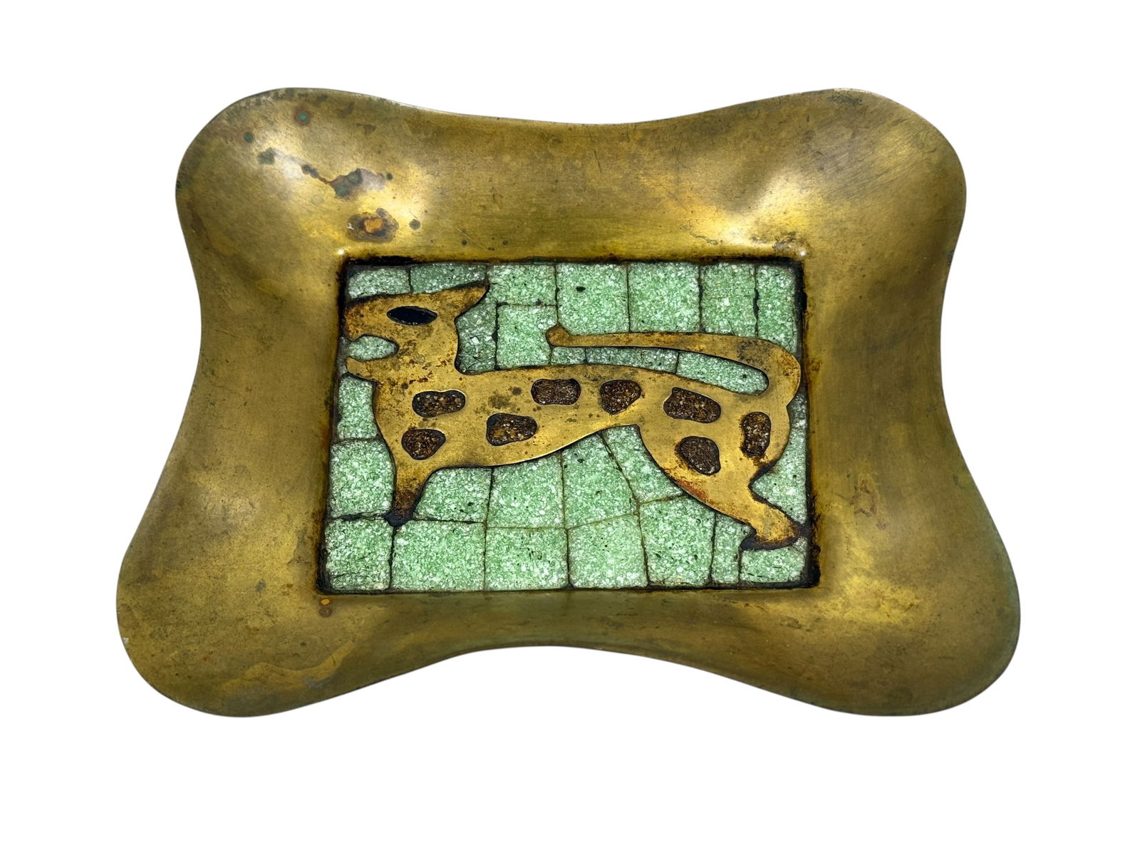 1970s Salvador Teran Brass & Polychrome Mosaic Tray: 1970s Salvador Teran Brass & Polychrome Mosaic Tray. Salvador Teran (Mexican 1920-1974). Measures 5.75" x 4.75". Showing patina and has some light scratches on brass.