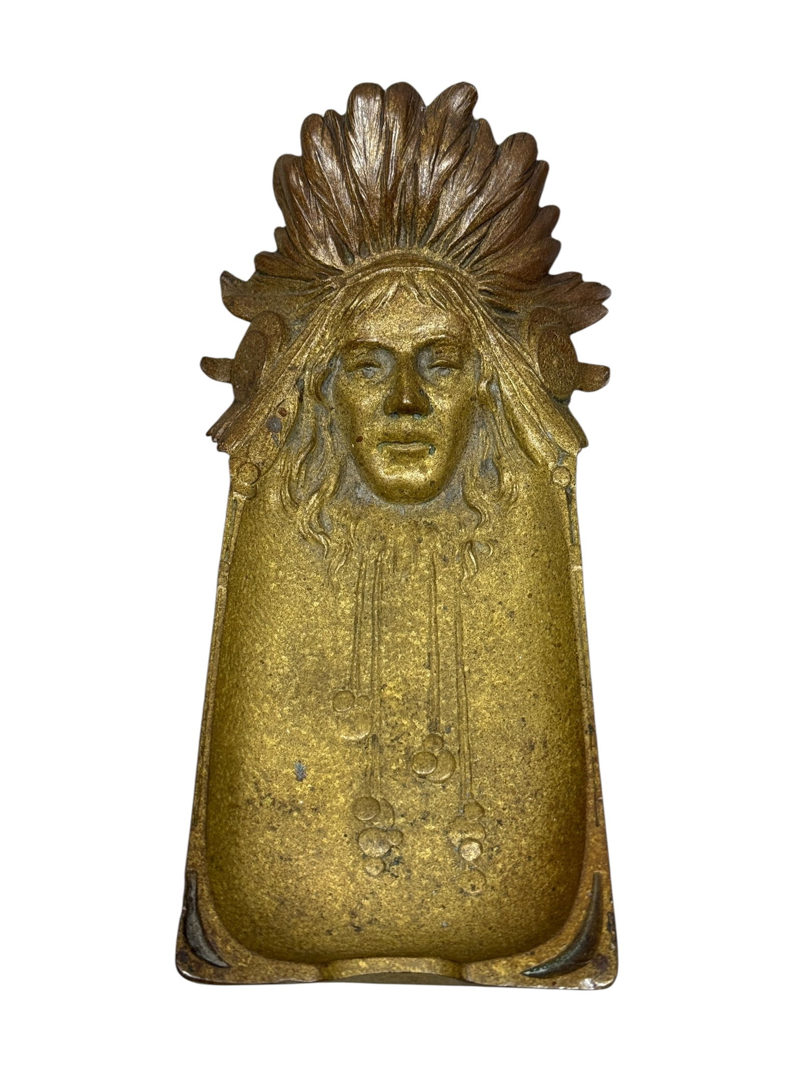 Antique Bronze Arts & Crafts Native American Chief Ashtray: Antique Bronze Arts & Crafts Native American Chief Ashtray. Measures 6.75" x 3.25". Showing some patina and has some scratches.