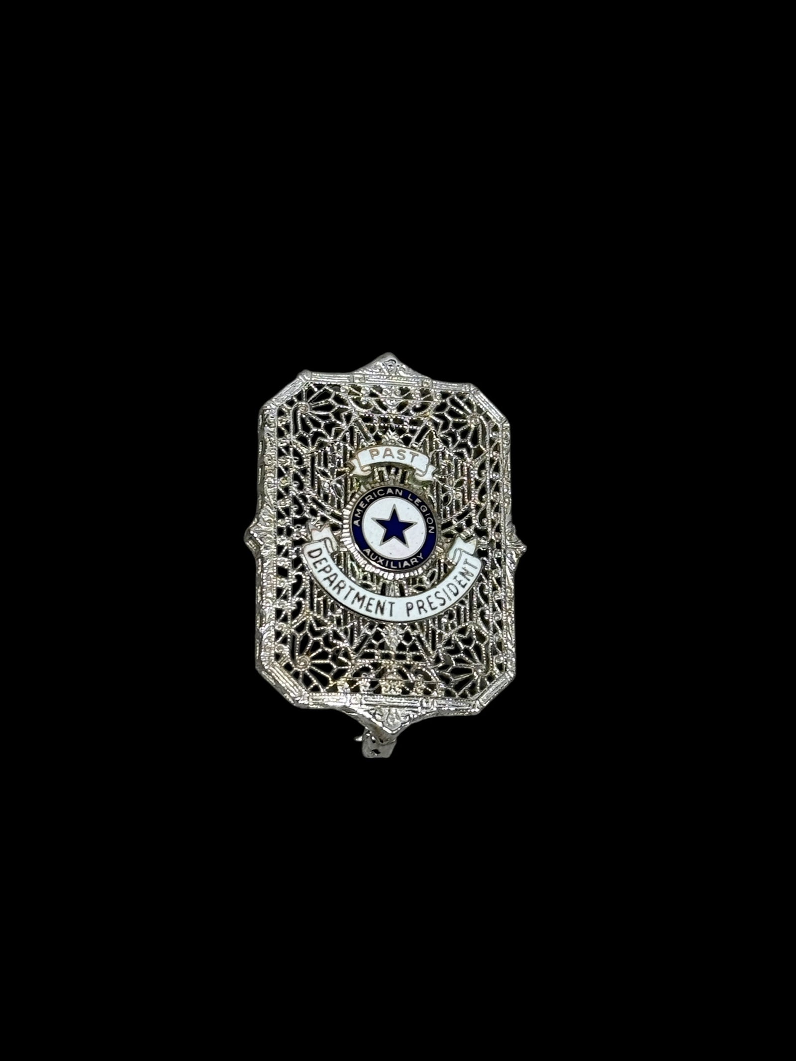 c1920s 10k Gold American Legion Auxiliary Past Department President Pin: c1920s 10k Gold Filigree American Legion Auxiliary Past Department President Pin. Unmarked but tested. Measures 1.5" x 1". Total weight: 3.9g. In good condition.