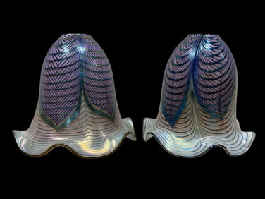 Pair of Pulled Feather Iridescent Art Glass Shades