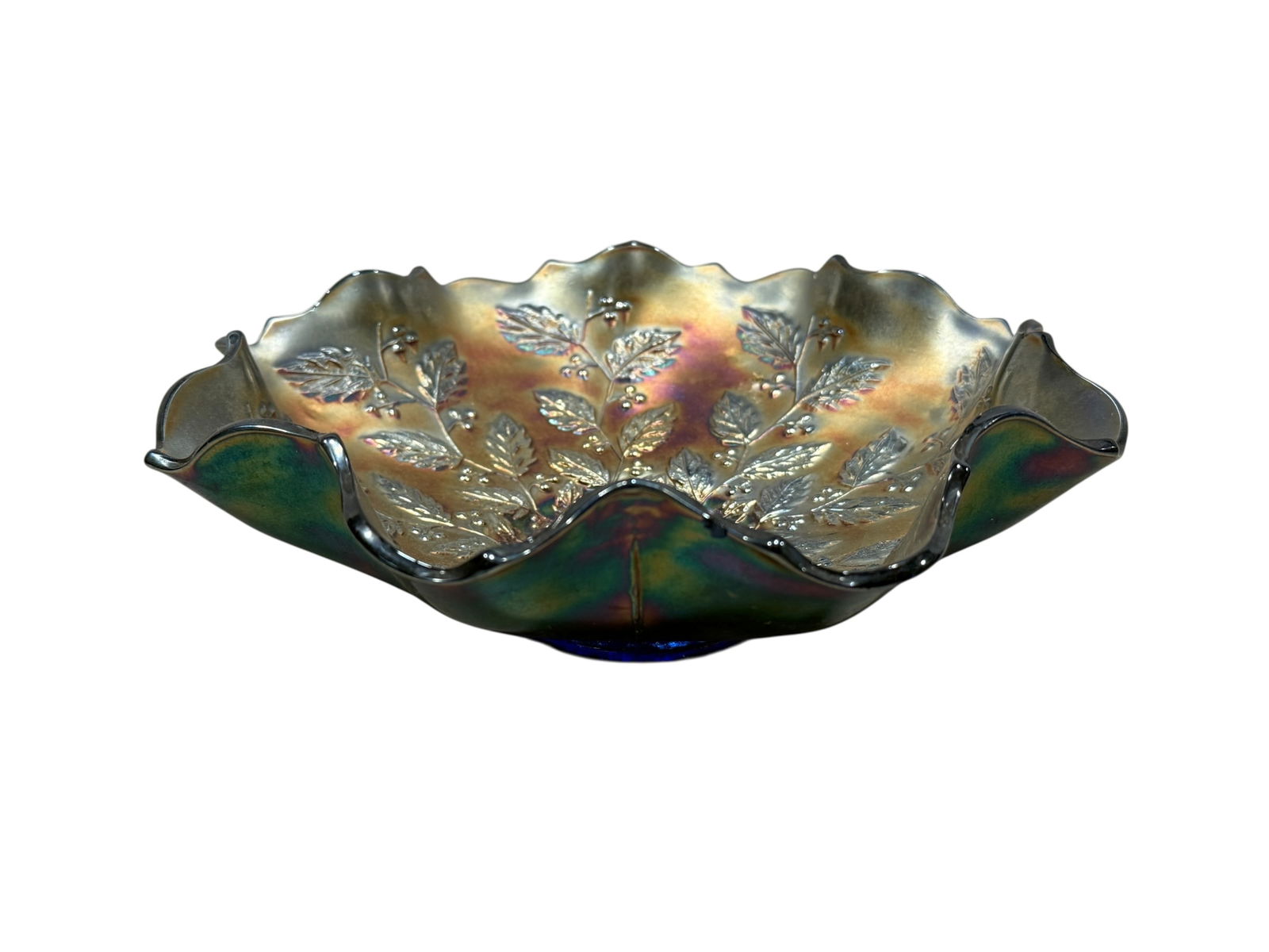 Fenton Carnival Glass "Holly & Berry" Ruffled Edge Bowl (1 of 6)