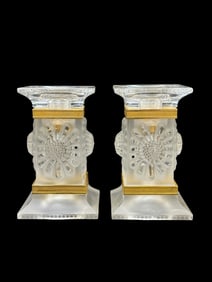 Pair of Signed Lalique France Gilt & Glass Column Candlesticks